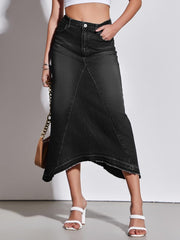Fisoew Womens Denim Maxi Skirt Casual High Waist A-Line Frayed Irregular Hem Long Jean Skirt