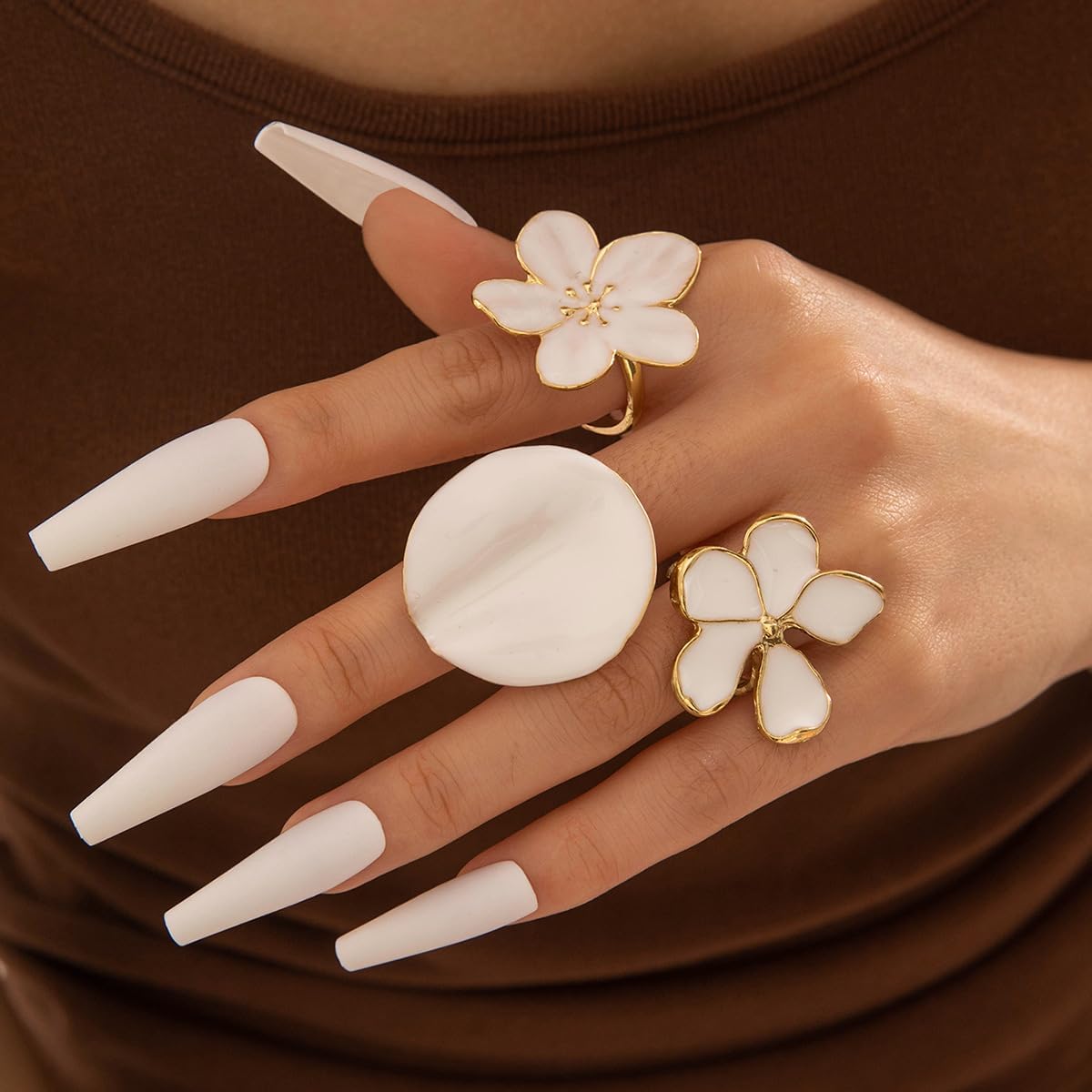 Gold White Flower Ring Set, Jewelry Gift, Knuckle Bands, Stackable Hoops, Halloween Accessories