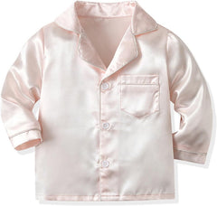 Kids Girls Boys Satin Pa𝐣amas Set Button Down Sleep Shirt Top+Long Pants Bottoms Slee𝐩wear Loun𝐠ewear