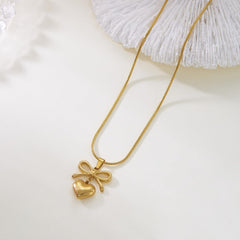 1PCS Bow Heart Pendant Necklace, Dainty Ribbon Charm Necklace, Delicate Layered Chain, Minimalist Love Jewelry for Women, Adjustable Bowknot Necklaces (Gold)