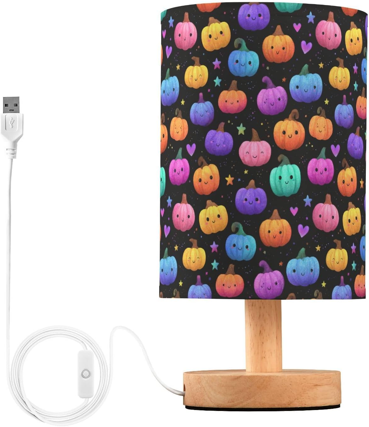 Cute Neon Pumpkin Star Bedside Table Lamp Small Desk Lamps Linen Fabric Shade Decorative Nightstand Lamp LED with USB Port Wood Base for Bedroom Living Room