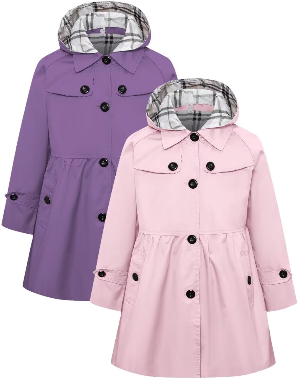Betusline Girls 2 Packs Trench Coat Hooded Lightweight Single Breasted Dress Outerwear Jacket,2-14 Years