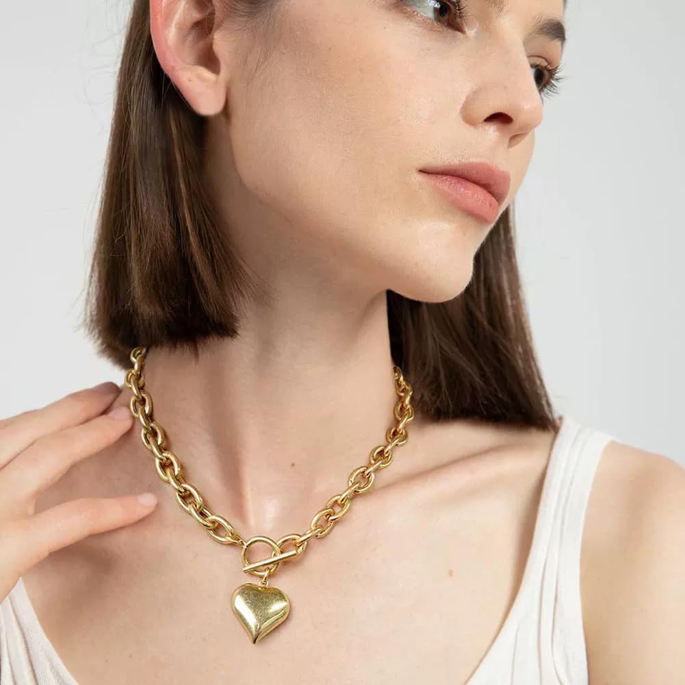 Chunky Heart Pendant Necklace for Women Gold Silver Statement Chain Jewelry Adjustable Romantic Gift