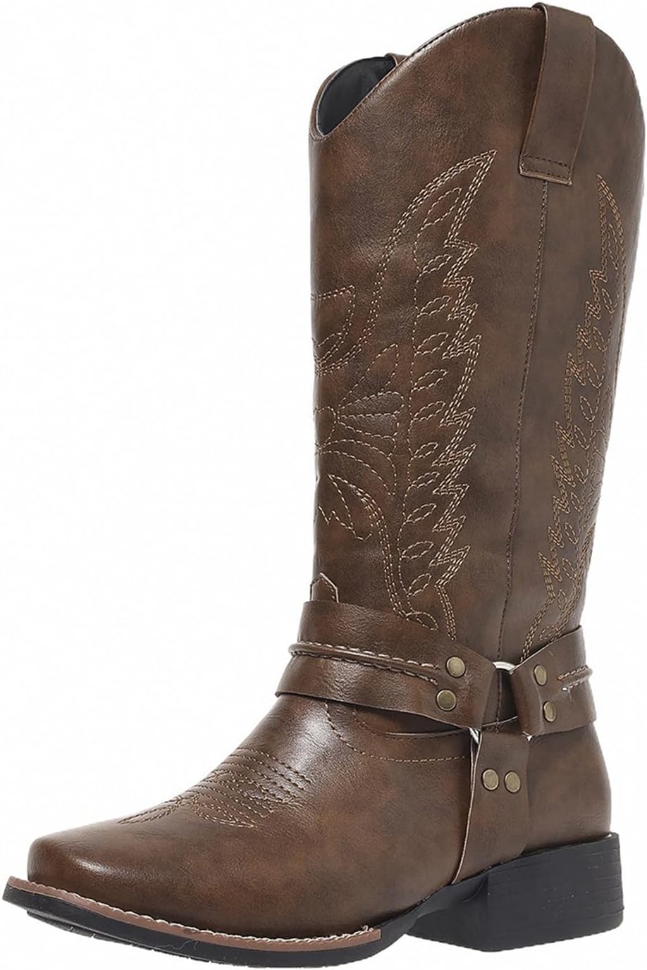 HINDOLA Mid Calf Cowboy Boots for Women Wide Calf Western Cowgirl Boot Square Toe Chunky Block Heel Classic Fashion Boots