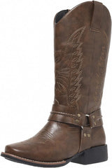 HINDOLA Mid Calf Cowboy Boots for Women Wide Calf Western Cowgirl Boot Square Toe Chunky Block Heel Classic Fashion Boots