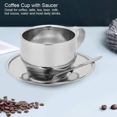 Coffee Cups Set Stainless Steel Double Walled Anti‑scald Coffee Cup Set Stainless Steel Coffee Latte Tea Cup with Saucer and Spoon for Home Dining Bar Office Tea House