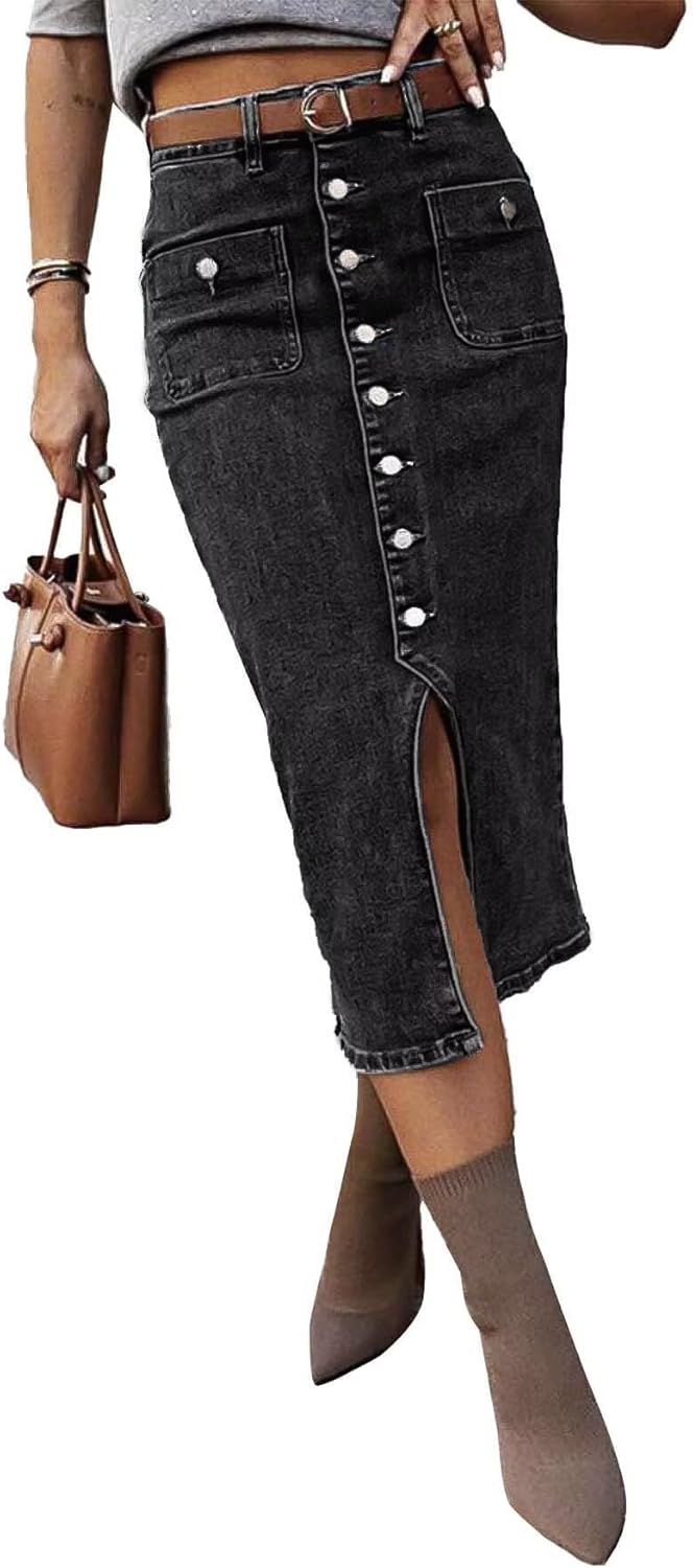 Flamingals Straight High Rise Vintage Embroidered Botton Fly Split Thigh Midi Denim Skirt
