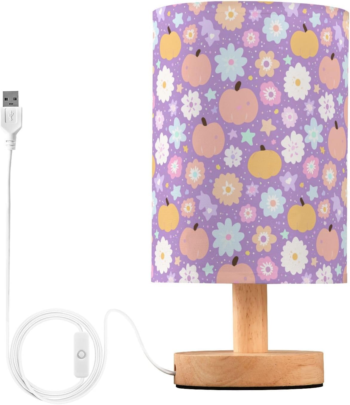 Cute Pumpkins Flowers Stars Bedside Table Lamp Small Desk Lamps Linen Fabric Shade Decorative Nightstand Lamp LED with USB Port Wood Base for Bedroom Living Room