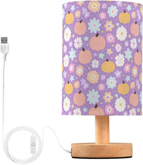 Cute Pumpkins Flowers Stars Bedside Table Lamp Small Desk Lamps Linen Fabric Shade Decorative Nightstand Lamp LED with USB Port Wood Base for Bedroom Living Room