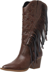 Women Cowboy Boots Mid Calf High Cowgirl Boots With Fringe Wide Calf Riding Cowgirl Cowboy Boots