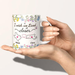 Personalized Long Distance Friendship Mug, Custom State to State Bestie Mug, Floral Ceramic Coffee Cup for Sisters, Friends, Birthday, and Holidays Gift, 11oz & 15oz