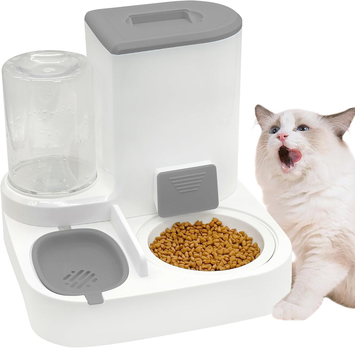 Fhiny Gravity Cat Feeder & Water Dispenser, 2 in 1 Automatic Puppy Waterer Removable Stainless Steel Food Bowls Set Self Feeding Pet Food Storage for Cat Kitten Puppy Easy Clean (White)