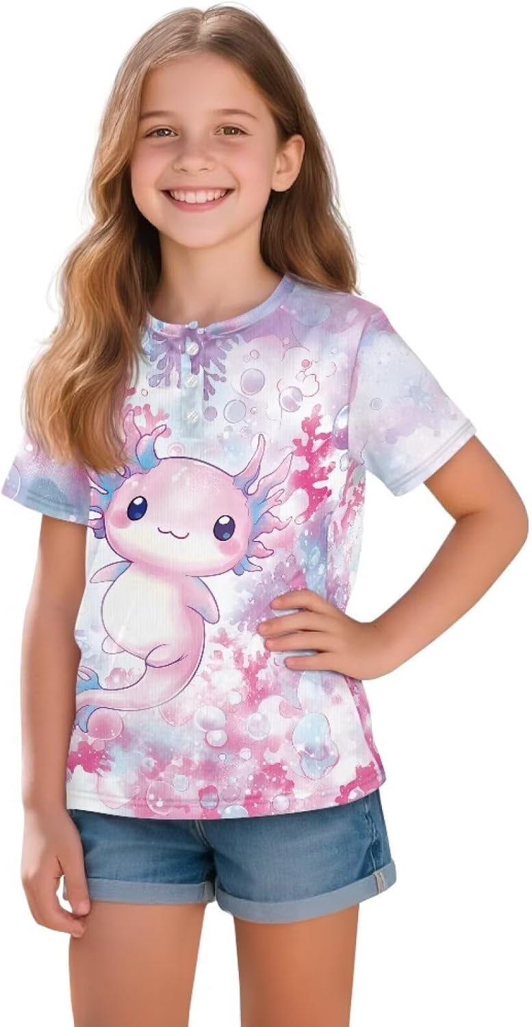 Girls Henley Shirt Short Sleeve T-Shirt Casual Summer Tee Novelty Tops for Toddler 2-12T