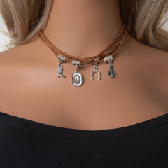 1PCS Western Layered Cactus Pendant Necklace, Denim Multi-Strand Choker, Cowgirl Style Jewelry, Adjustable Desert Charm Necklace for Women, Fashion Accessory (Silver&Blue)