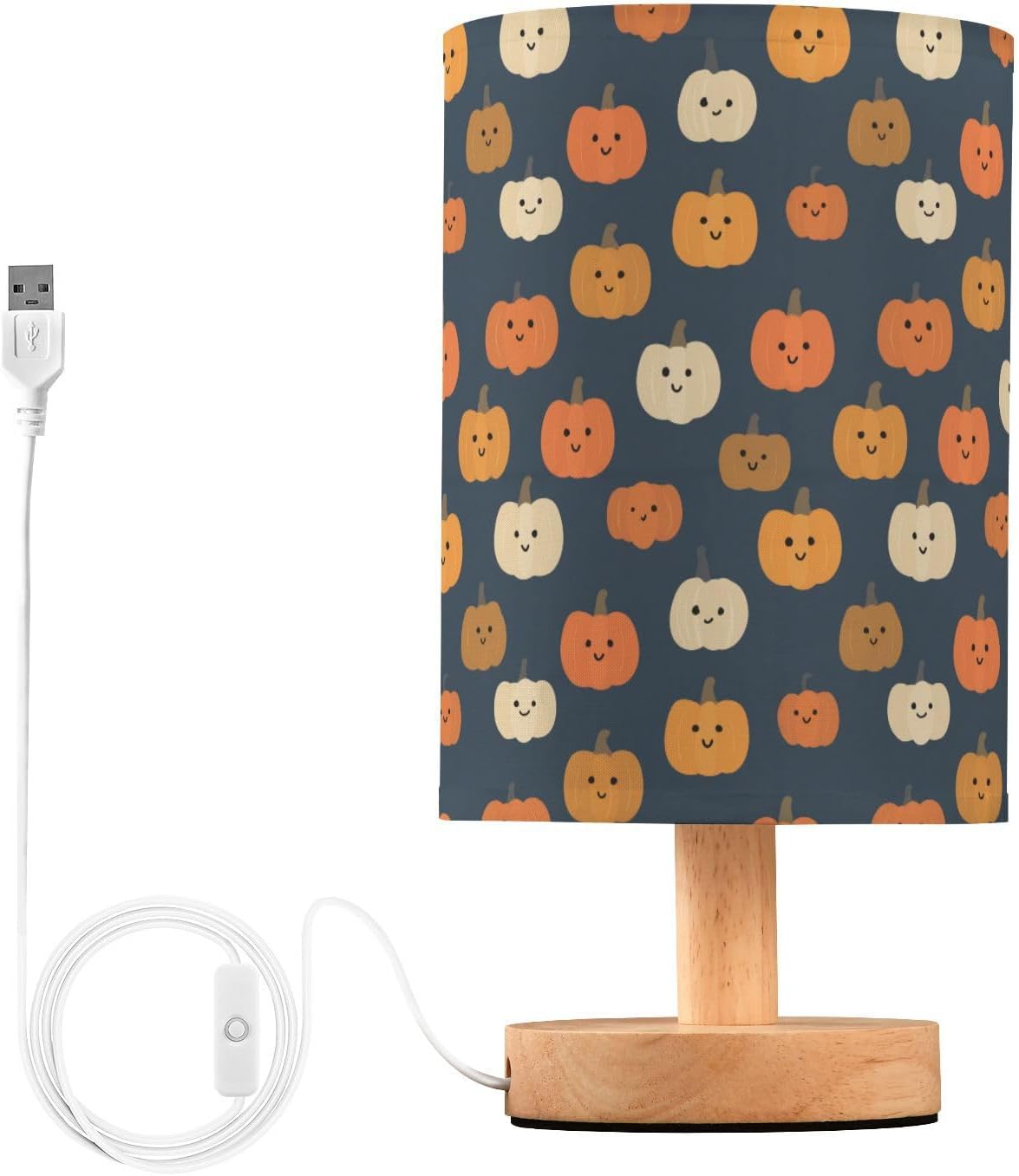 Cute Pumpkins Print Bedside Table Lamp Small Desk Lamps Linen Fabric Shade Decorative Nightstand Lamp LED with USB Port Wood Base for Bedroom Living Room