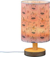 Cute Pink Floral Pumpkin Bedside Table Lamp Small Desk Lamps Linen Fabric Shade Decorative Nightstand Lamp LED with USB Port Wood Base for Bedroom Living Room