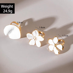Gold White Flower Ring Set, Jewelry Gift, Knuckle Bands, Stackable Hoops, Halloween Accessories