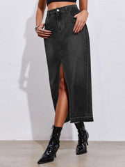 Fisoew Women's Long Denim Maxi Skirts High Waisted Frayed Hem Western Split Jean Skirt Streetwear