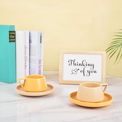 Koythin Ceramic Coffee Mug with Saucer Set, Cute Creative V-shaped Handle Cup Saucer for Office and Home, Dishwasher and Microwave Safe, 5.5 oz/160 ml for Latte Tea Milk (Apricot)