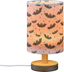 Moon Bat Silhouettes Bedside Table Lamp Small Desk Lamps Linen Fabric Shade Decorative Nightstand Lamp LED with USB Port Wood Base for Bedroom Living Room