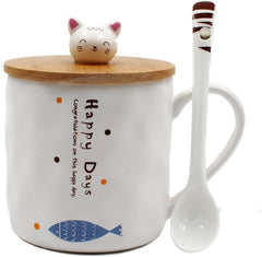 123Arts Japanese Cat Ceramics Coffee Mug Teacup with Lid and Spoon