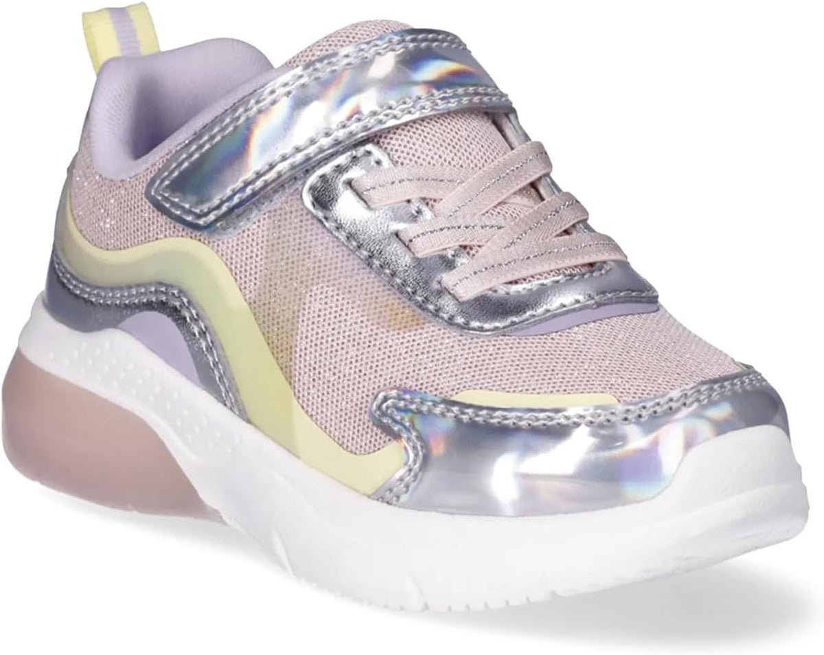 Light Up Sneakers for Girls, Glitter Mesh, Iridescent Design, Bungee Laces with Strap