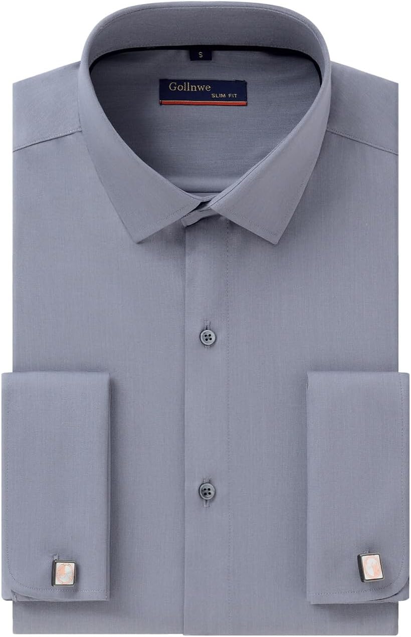 Gollnwe Men's Dress Shirt French Cuff Shirt for Men Slim Fit Stretch Spread Collar with Metal Cufflink