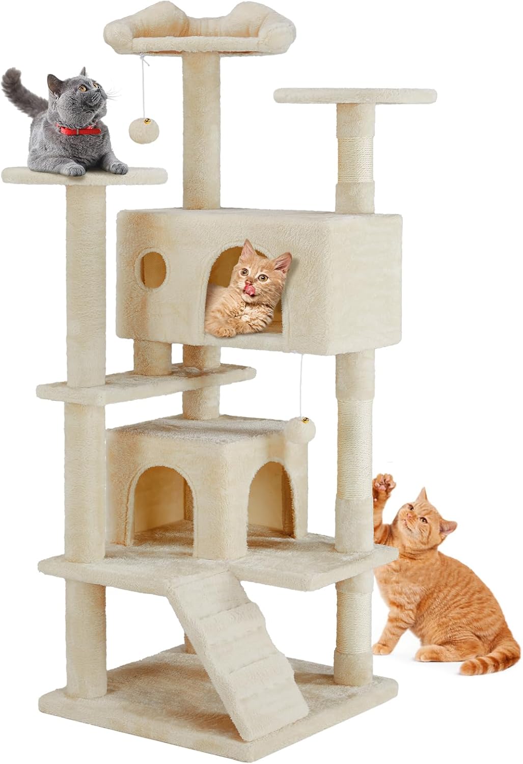 54'' Cat Climbing Frame, Multi-Level Cats Tree Tower, Pet Activity Center with Large Apartment, Anti-Tipping Devices (Beige)