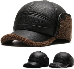 Winter Leather Baseball Cap,Adjustable Men's Hat with Earflap,Winter Warm Men Soft Hunting Hat (Black)