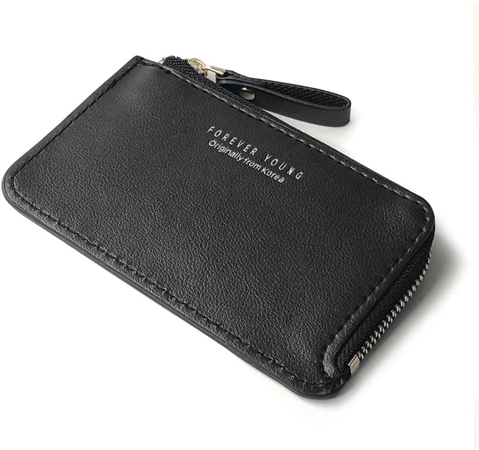 Minimalist Slim Zipper Wallet Business Card Bag, Small Leather Cash Coin Purse Zipper Wallet Card Holder(black)