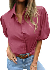 Tankaneo Women's Button Down Shirts Short Puff Sleeve Collared Dressy Casual Blouse Tops