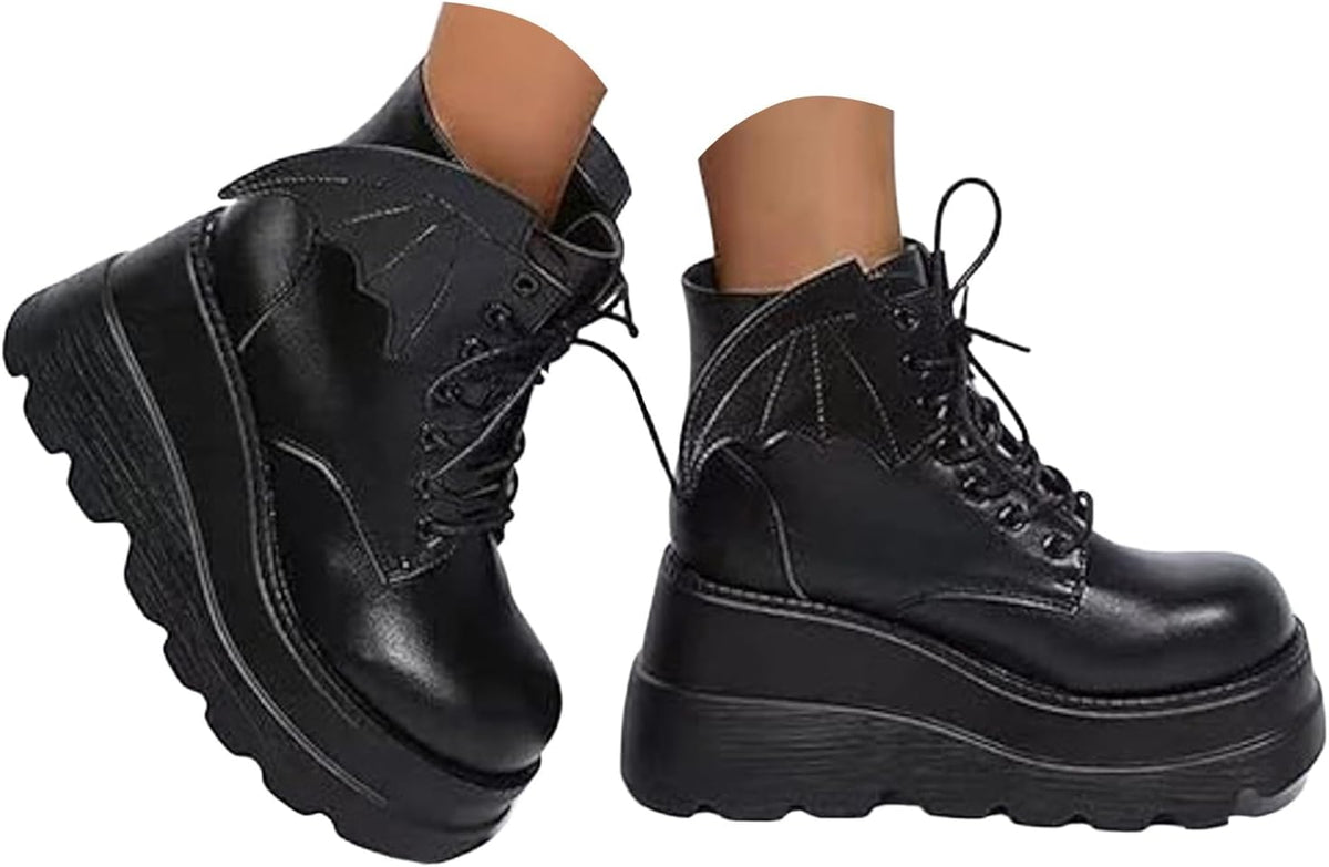 Crzidha Womens Chunky Platform Ankle Boots Dressy Halloween Dark Gothic Wings Bat Print Lace-up Wedge Heel Short Boots Classic Comfortable Matte Glossy Hidden High Heels Shoes