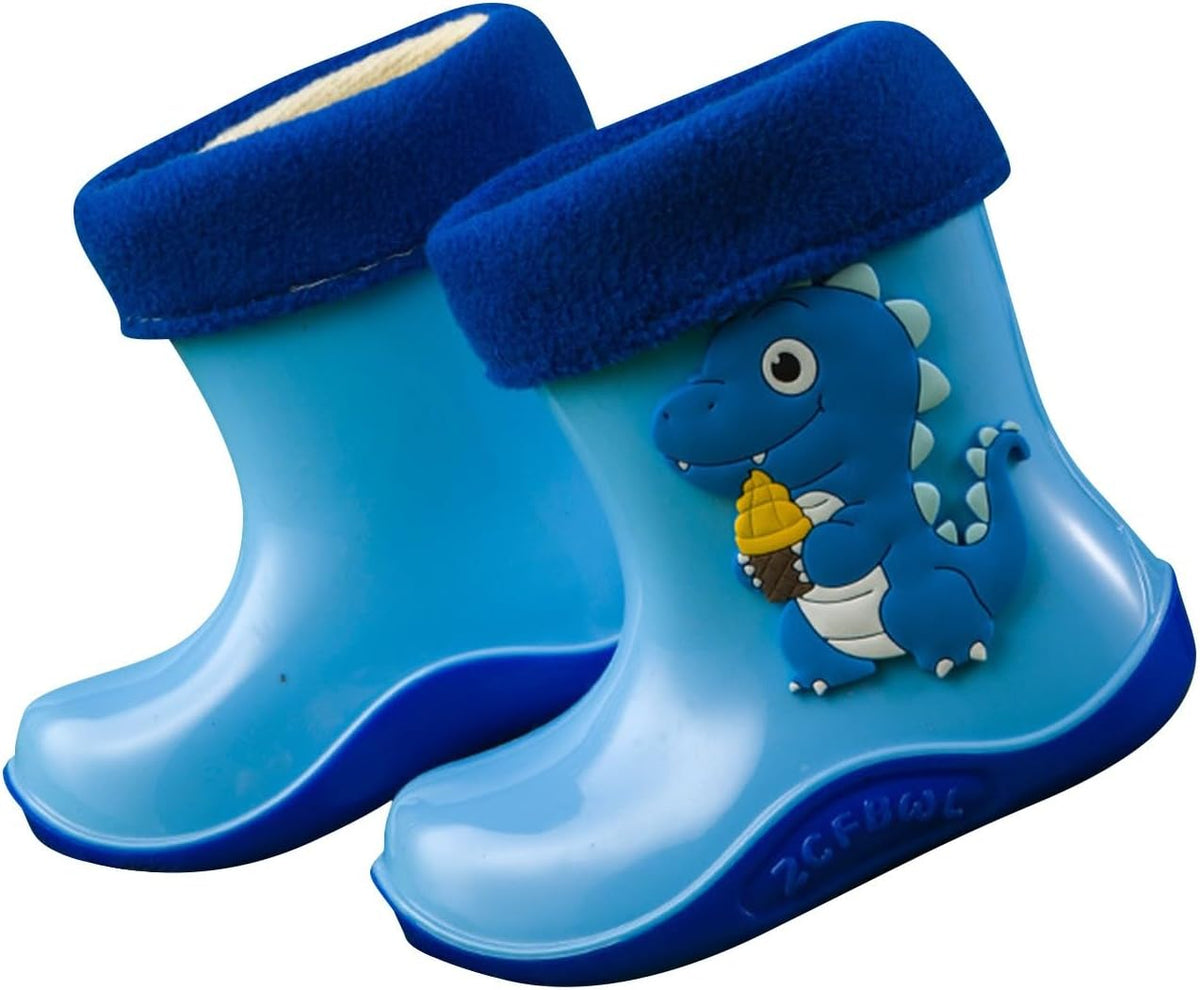 Unisex-Child Toddler Cartoon Rain Boots Waterproof Warm Lining Fun Printed Colors Rain Boots for Girls and Boys
