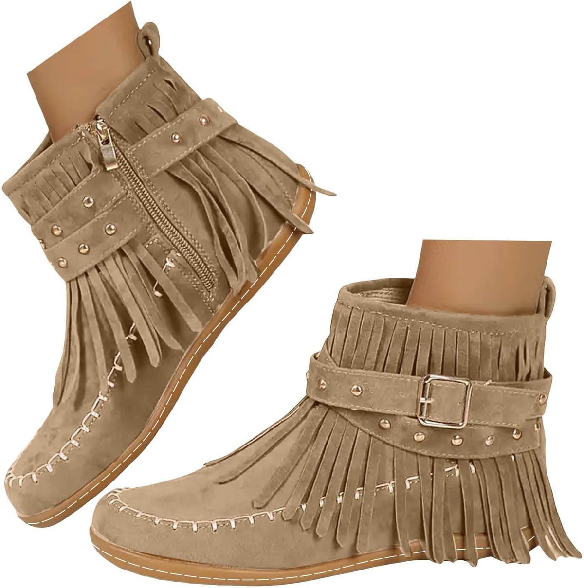 Cowboy Boots for Women Fringe Studded Stitched Ankle Booties 2025 Roman Retro Round Toe Side Zipper Flock Cowgirl Boots