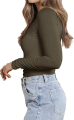 PINKMSTYLE Women Sexy V Neck Lace Long Sleeve Shirts Basic Fitted Double Lined Going Out Y2K Trendy Fall Tops