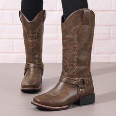 HINDOLA Mid Calf Cowboy Boots for Women Wide Calf Western Cowgirl Boot Square Toe Chunky Block Heel Classic Fashion Boots