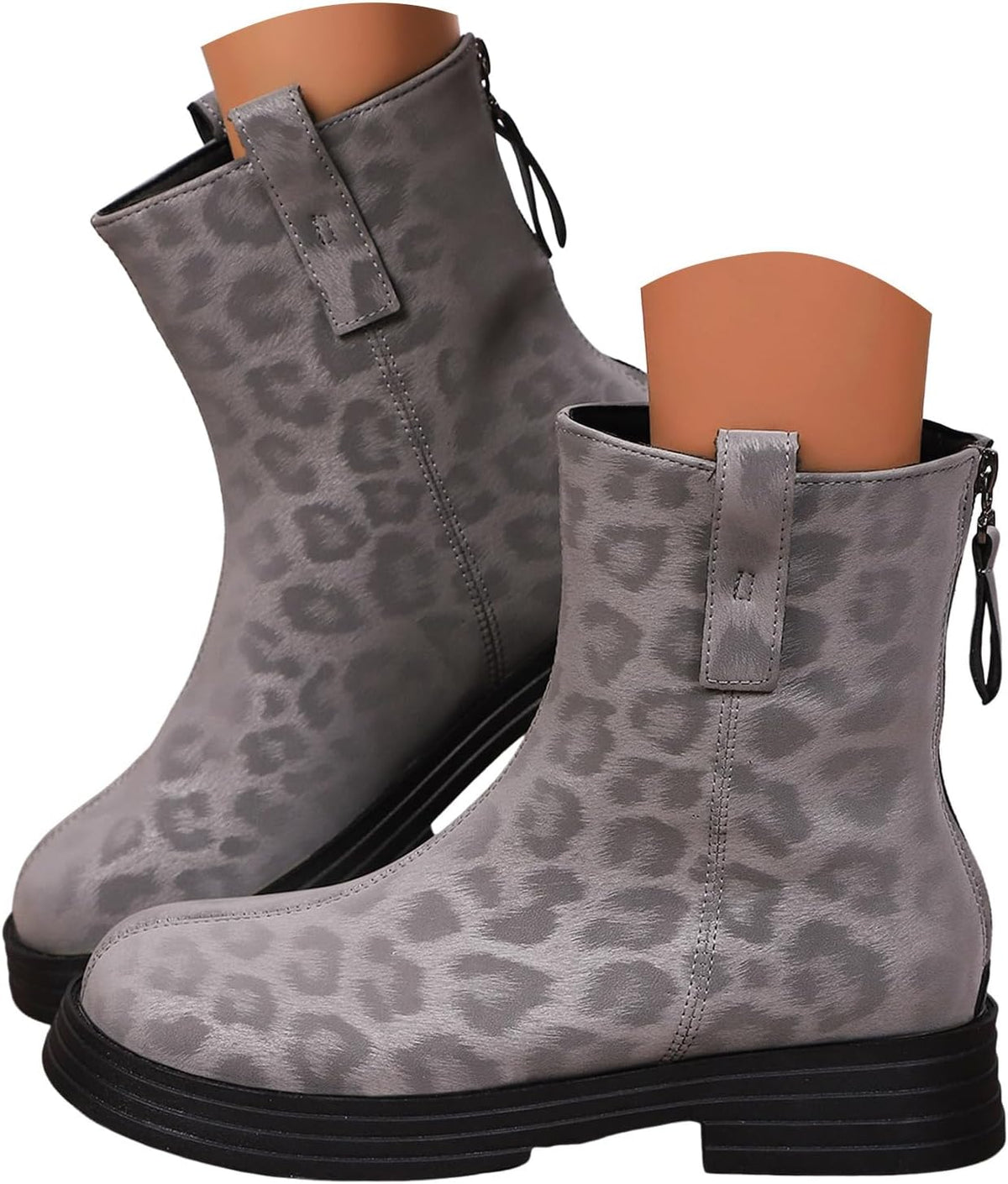 Mid Calf Boots for Women Leopard Print British Back Zipper Platform Lug Sole Booties Classic Round Toe Casual Non-Slip Ankle Combat Boots Trending Shoes Womens Block Heel Booties