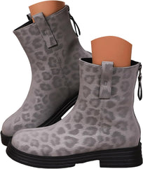 Mid Calf Boots for Women Leopard Print British Back Zipper Platform Lug Sole Booties Classic Round Toe Casual Non-Slip Ankle Combat Boots Trending Shoes Womens Block Heel Booties