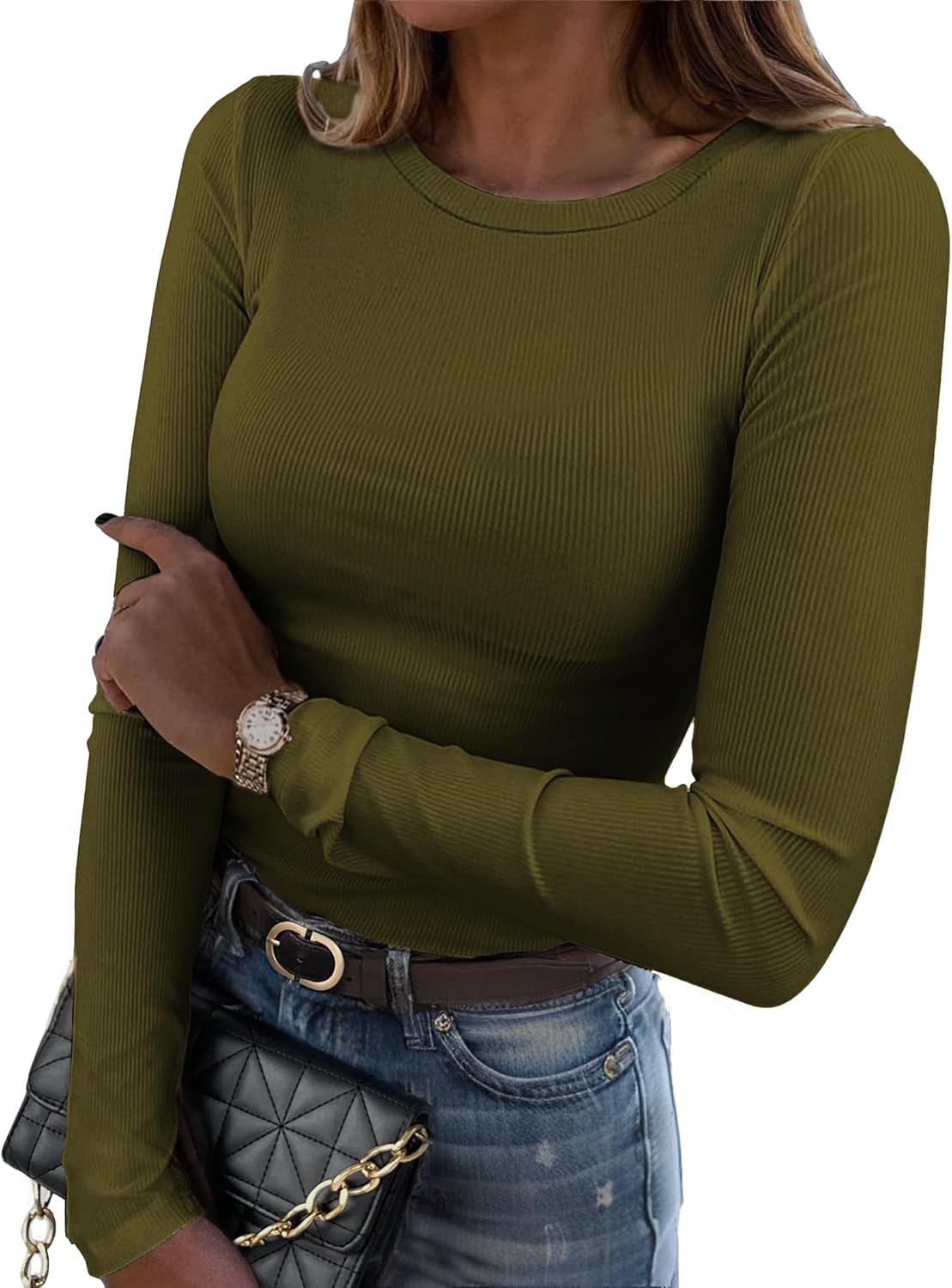 Zeagoo Womens Long Sleeve Stretch Crewneck Ribbed T-Shirt Slim Fit Casual Basic Tops S-XXL