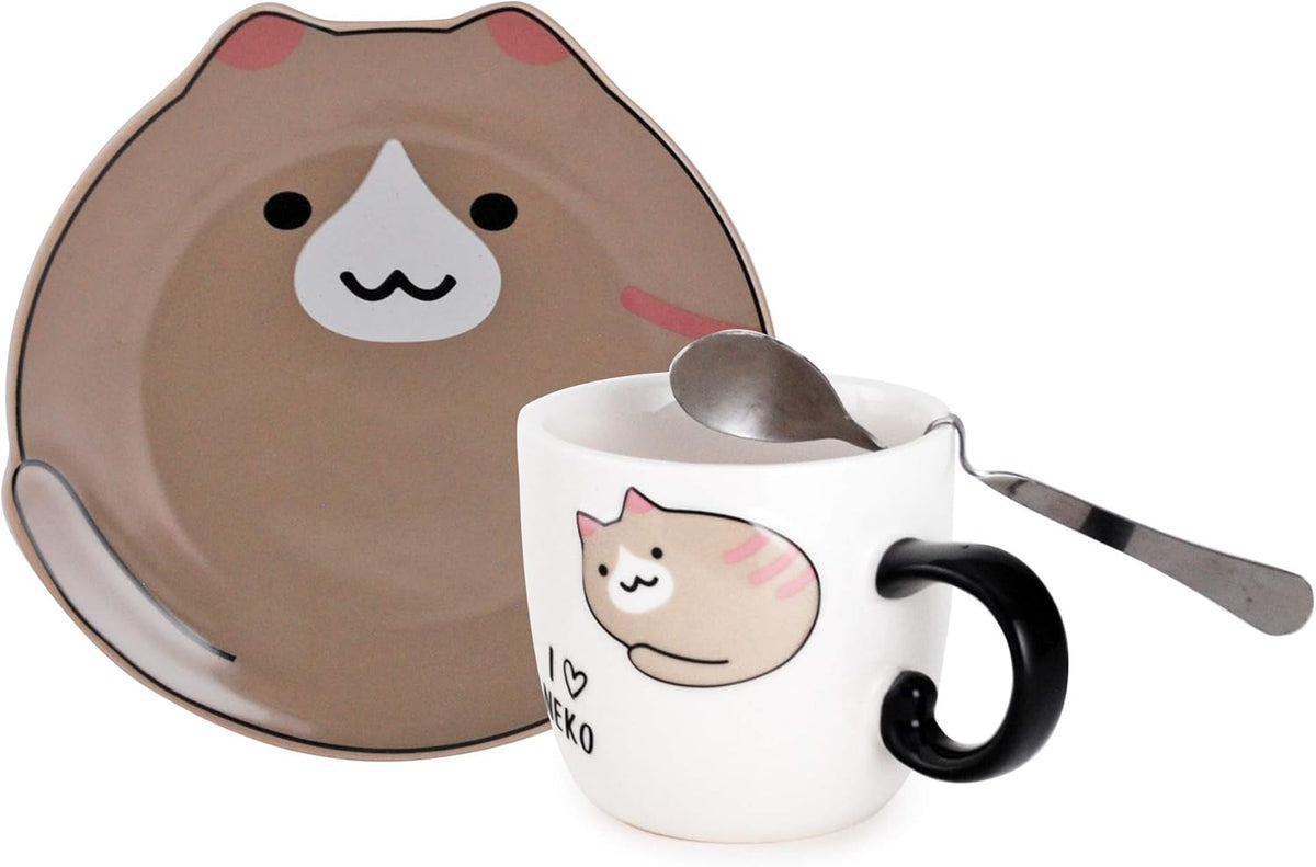 Hinomaru Collection Cute Neko Kitten Cats 8 fl oz Teacup with Spoon and Saucer Set Coffee Latte Hot Beverage Mug With Stirring Spoon (Brown Cat)