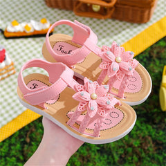 Flower Sandals for Girls, Open Toe Soft Flat Shoes Fashion Comfortable Bow Lightweight Girls Princess Dress Shoes (Pink, 4.5-5 Years Little Child)