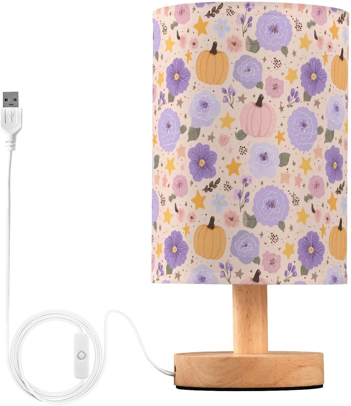 Beautiful Flower Pumpkins Bedside Table Lamp Small Desk Lamps Linen Fabric Shade Decorative Nightstand Lamp LED with USB Port Wood Base for Bedroom Living Room
