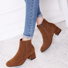 Suede Booties for Women Fall Winter Mid Block Heel Ankle Boots Women's Square Toe Chunky Heel Comfortable Short Boots Walking Shoes Fashion Classic Solid Side Zipper Heeled Booties
