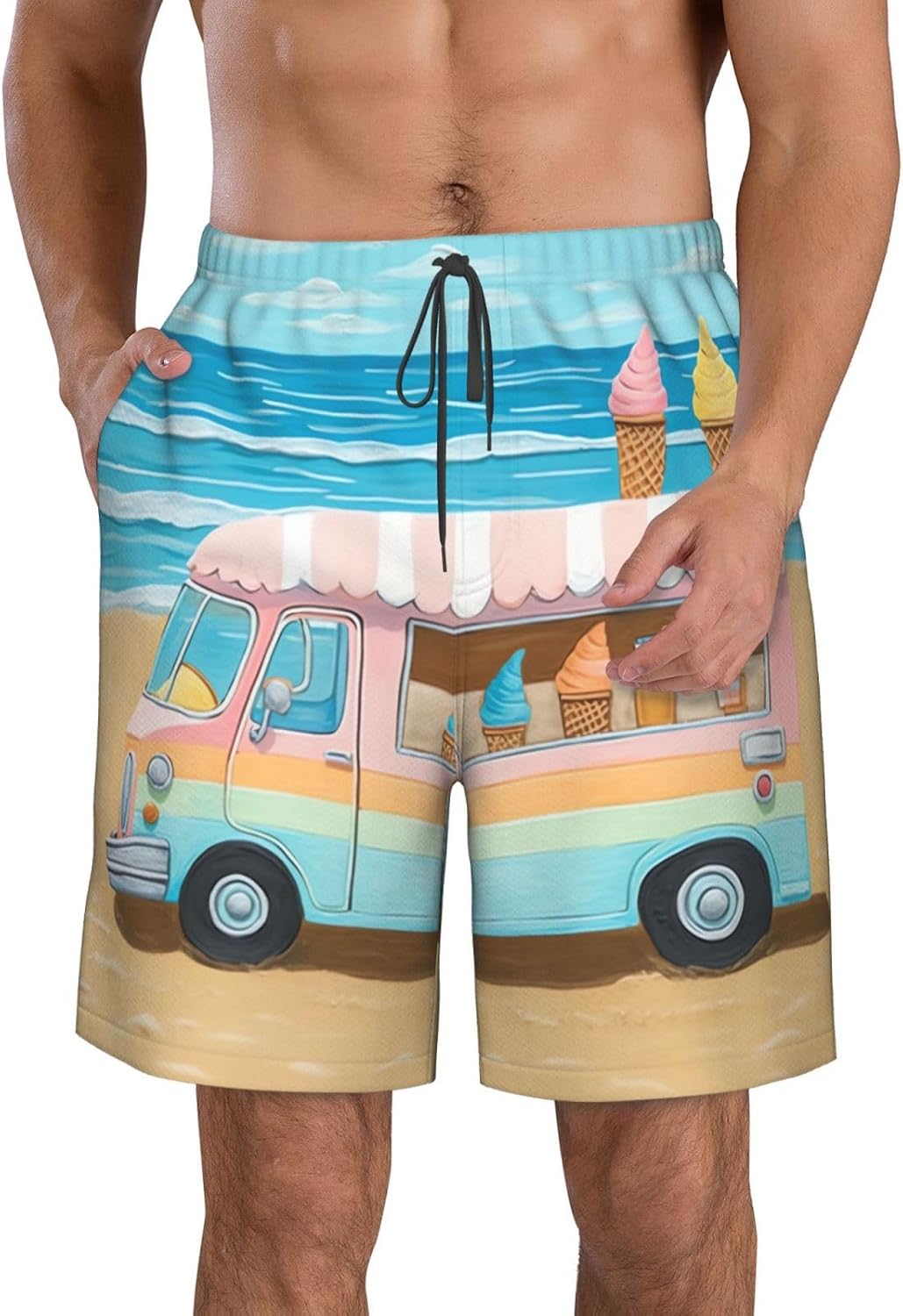 Men's Swim Trunks Summer Beach Ice Cream Truck Quick Dry Board Shorts with Pocket Swimsuit Swimwear for Men Beach Shorts