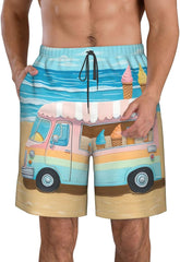 Men's Swim Trunks Summer Beach Ice Cream Truck Quick Dry Board Shorts with Pocket Swimsuit Swimwear for Men Beach Shorts