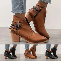 Women's V Cut Out Stacked Heel Retro Ankle Boots with Belt Buckle Side Zipper Block Low Heel Pointed Toe Goth Punk Boot Women Chunky Heels Fall Winter Leather Short Booties Shoes