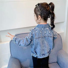Yiqinyuan Kids Denim Jackets Spring Autumn Baby Jacket Girl Trench Jean Coat Button Pearls Children Outerwear Windbreaker