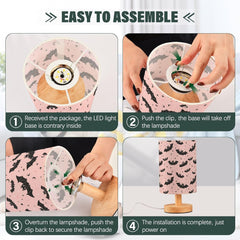 Moon Bat Silhouettes Bedside Table Lamp Small Desk Lamps Linen Fabric Shade Decorative Nightstand Lamp LED with USB Port Wood Base for Bedroom Living Room