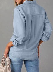 Astylish Women Button Down Denim Shirts Casual Long Sleeve V Neck Chambray Blouse Top