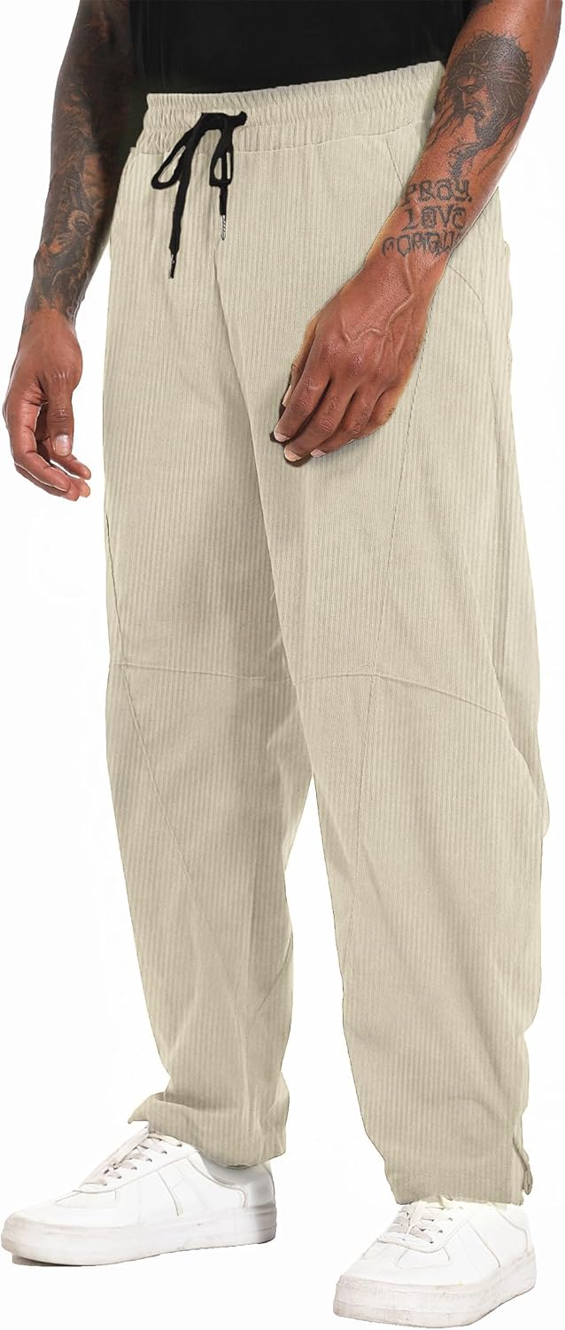 perdontoo Men's Casual Baggy Corduroy Pants Stylish Comfortable Elastic Waist Drawstring Trousers
